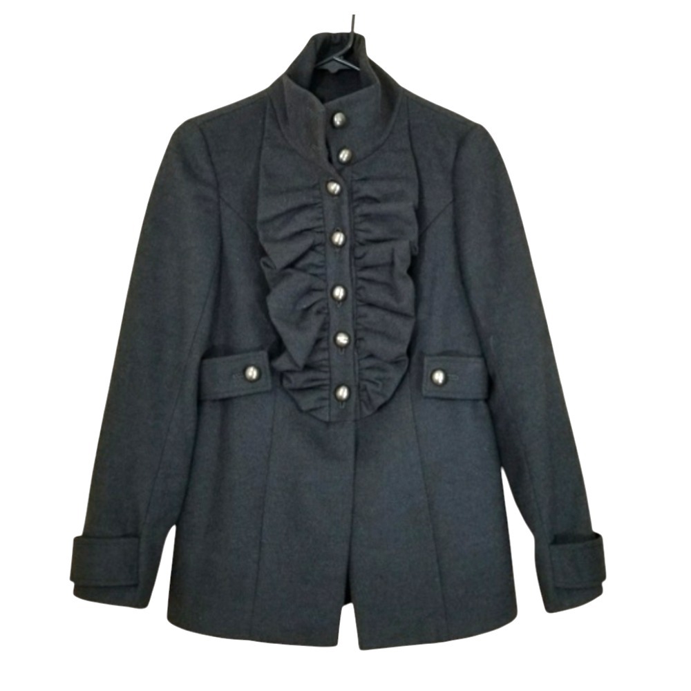 MAC & JAC Dark Gray RUFFLE FRONT BIB JABOT Peacoat Jacket Coat MILITARY sz M